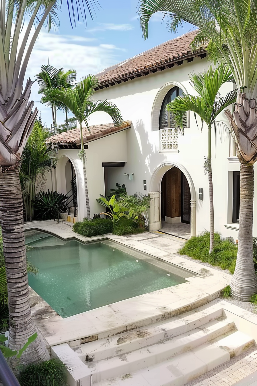 ALT Text: "Elegant two-story white villa with a red-tiled roof, featuring an arched entrance and a small rectangular pool surrounded by palm trees."