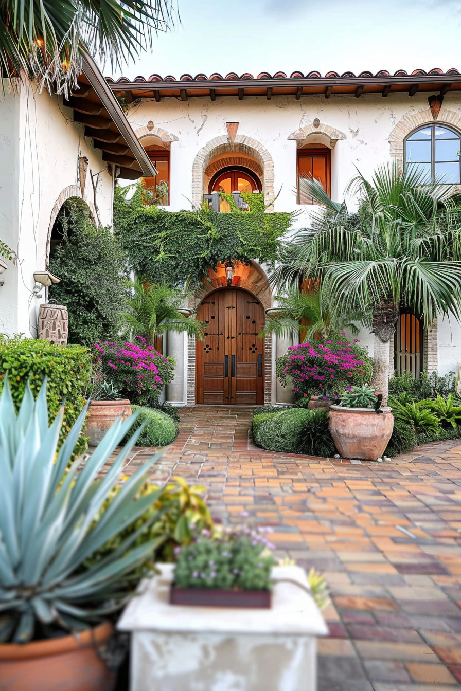 Elegant Spanish-style villa entrance with arched wooden doors, surrounded by vibrant plants and terracotta pots on a brick pathway.