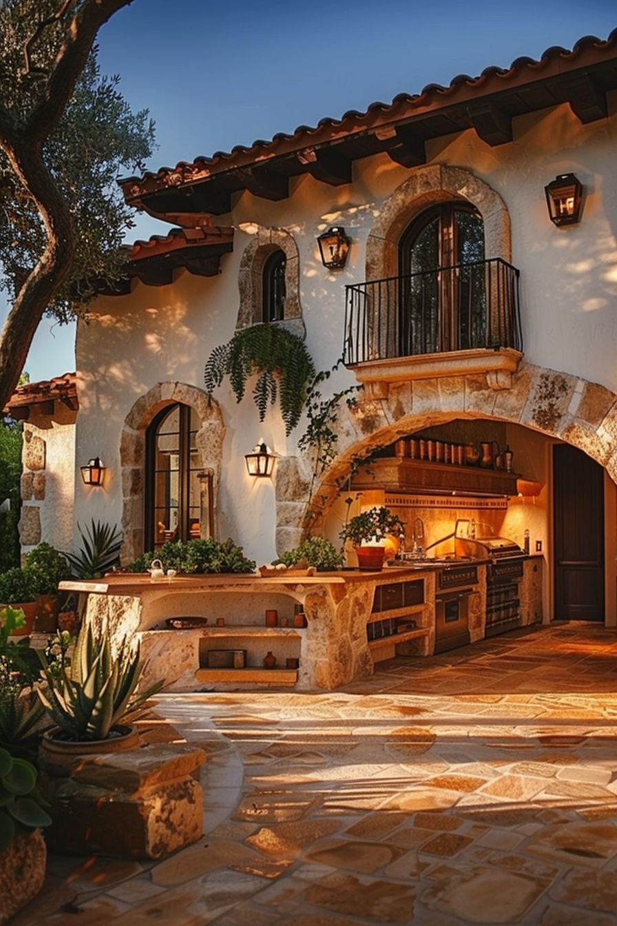 A cozy outdoor kitchen area with warm lighting, stone architecture, and lush plant arrangements under a twilight sky.