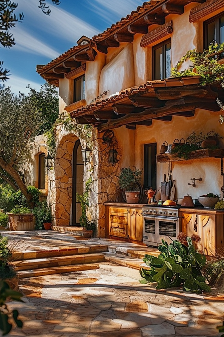 Mediterranean-style home exterior with stone steps, rustic outdoor kitchen, terracotta tiles, and lush plants under a clear sky.