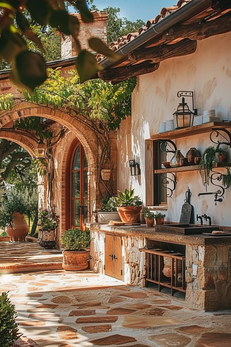 Mediterranean-style outdoor patio with stone countertops, terracotta pots, and lush greenery under archways.