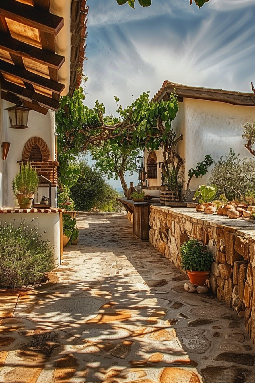 Sun-dappled pathway in a tranquil Mediterranean-style garden with stone walls, potted plants, and a vine-covered pergola.