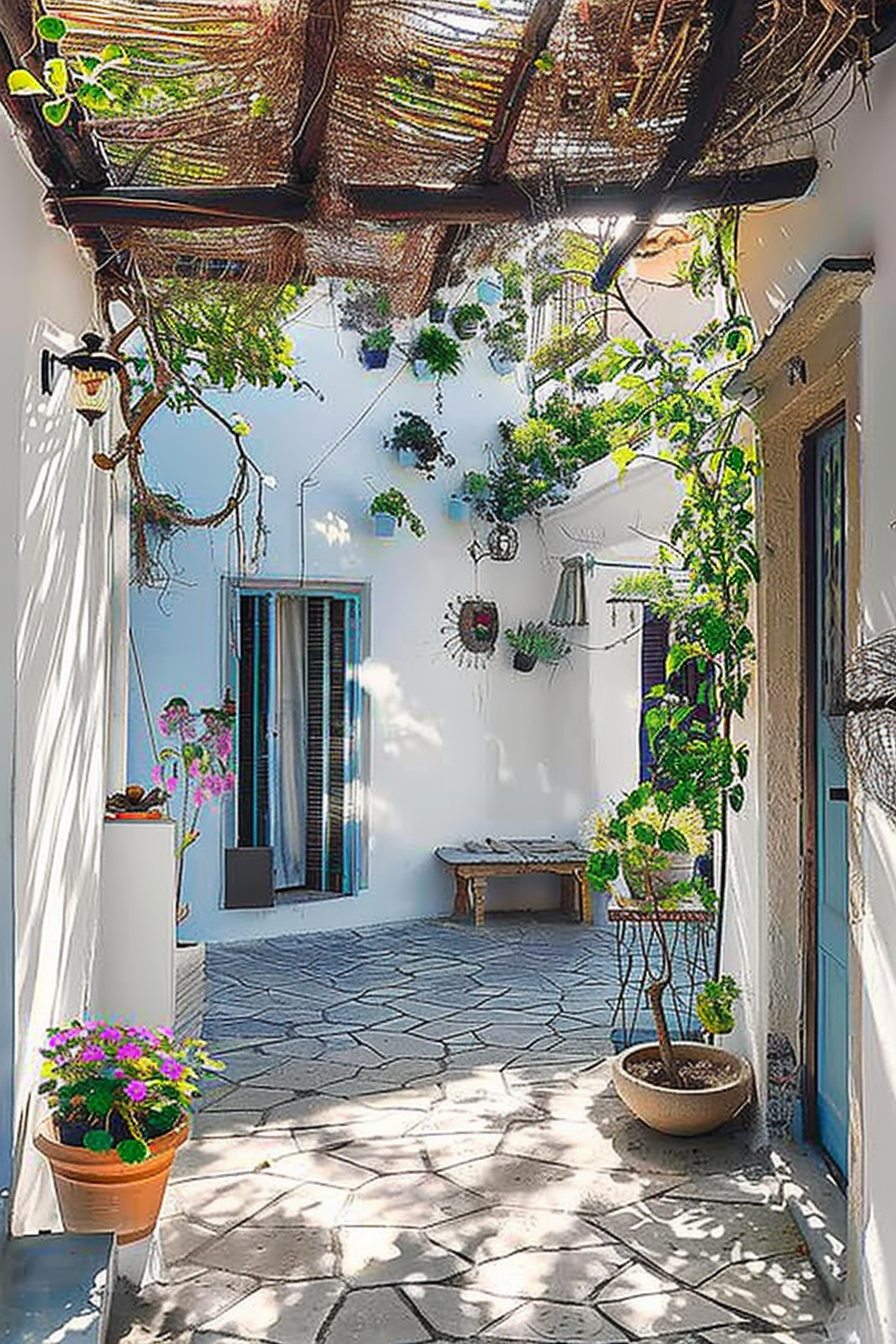 A sunny Mediterranean alley with white walls, blue doors, green plants in pots, and a vine-covered pergola.