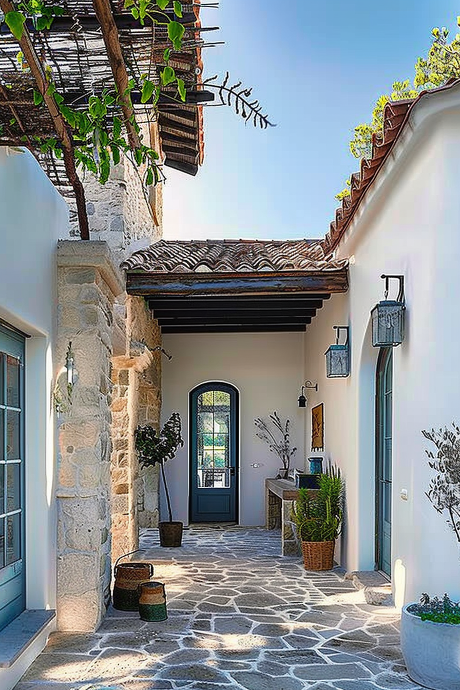 A tranquil Mediterranean-style courtyard with a vine-covered pergola, stone walls, rustic door and potted plants under a clear sky.