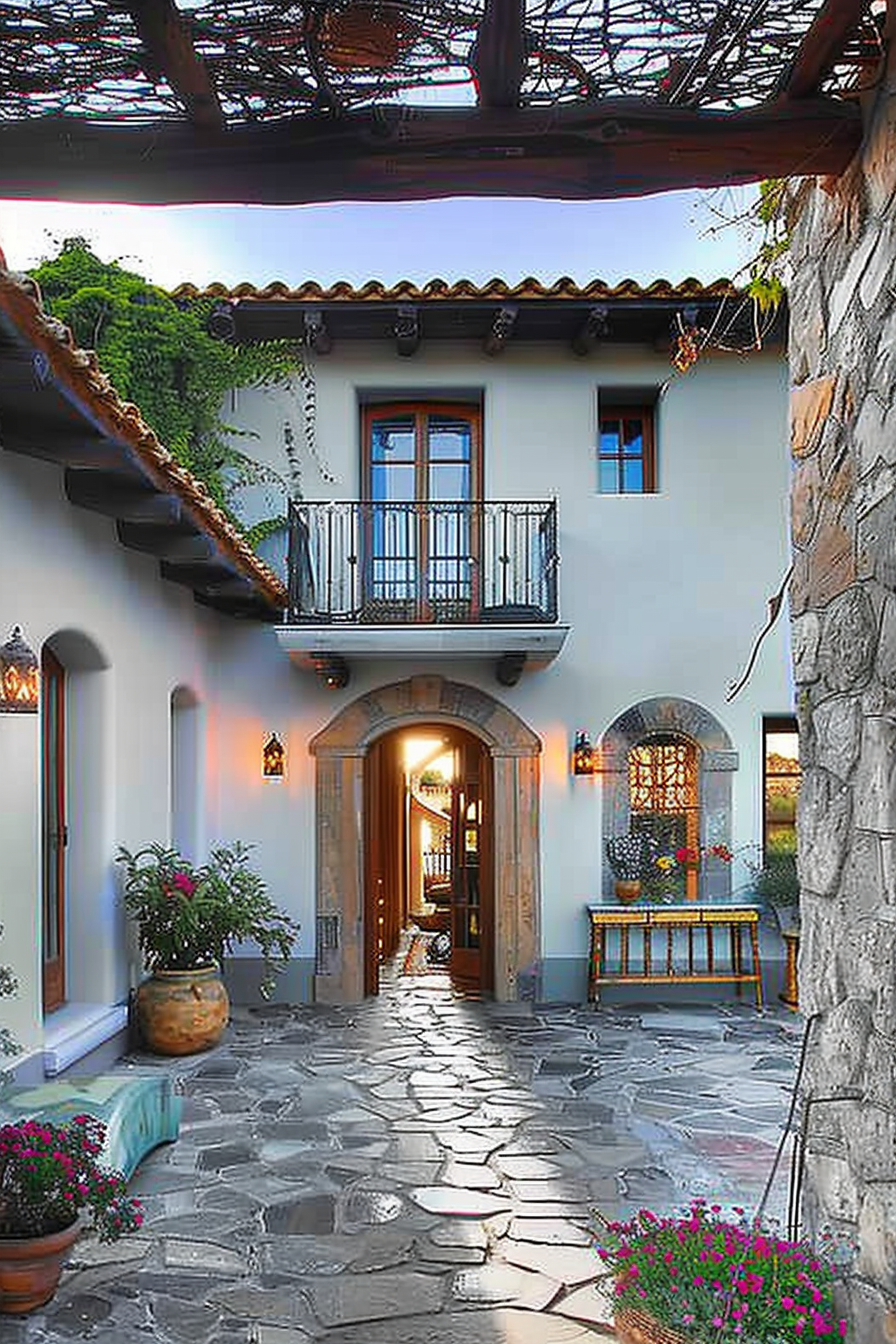 Charming courtyard with cobblestone flooring, open wooden pergola, and a warmly lit interior visible through an arched doorway.