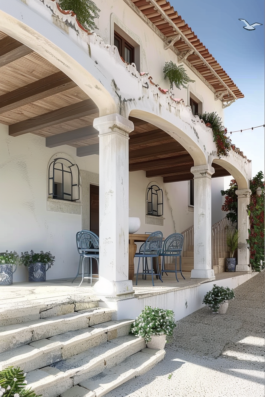 Elegant Spanish-style home exterior with arches, blue chairs, and potted plants on a sunny day.
