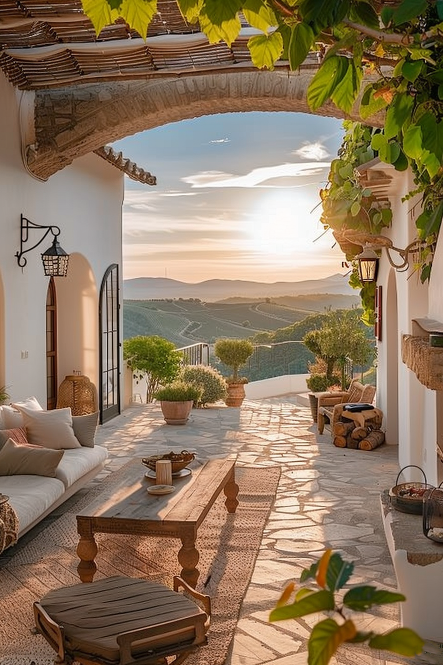 A tranquil terrace with a wooden table, cozy cushions, and potted plants overlooking rolling hills against a sunset sky.