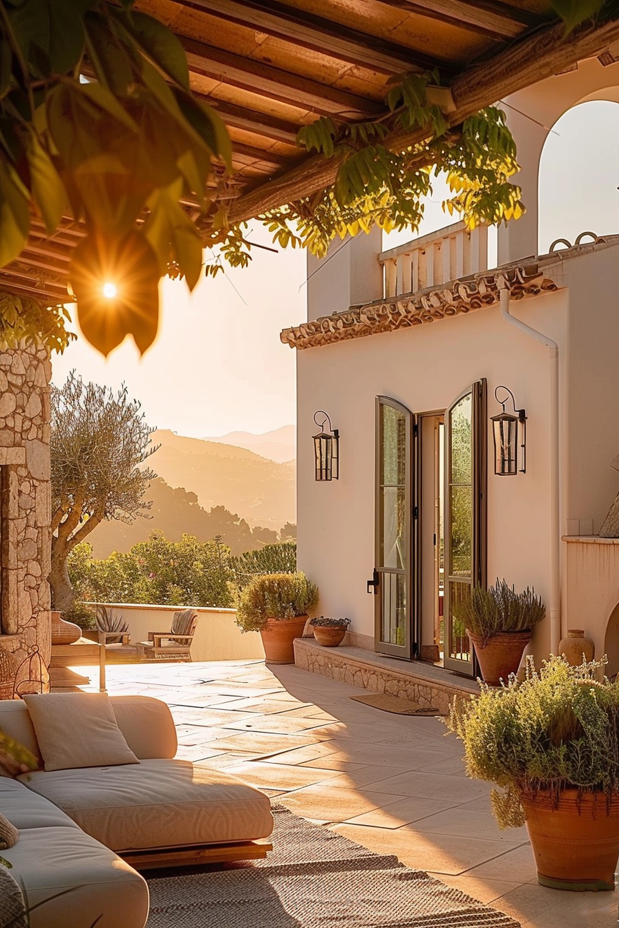 ALT: Warm sunset view on a Mediterranean terrace with lush plants, stylish furniture, and mountains in the distance.