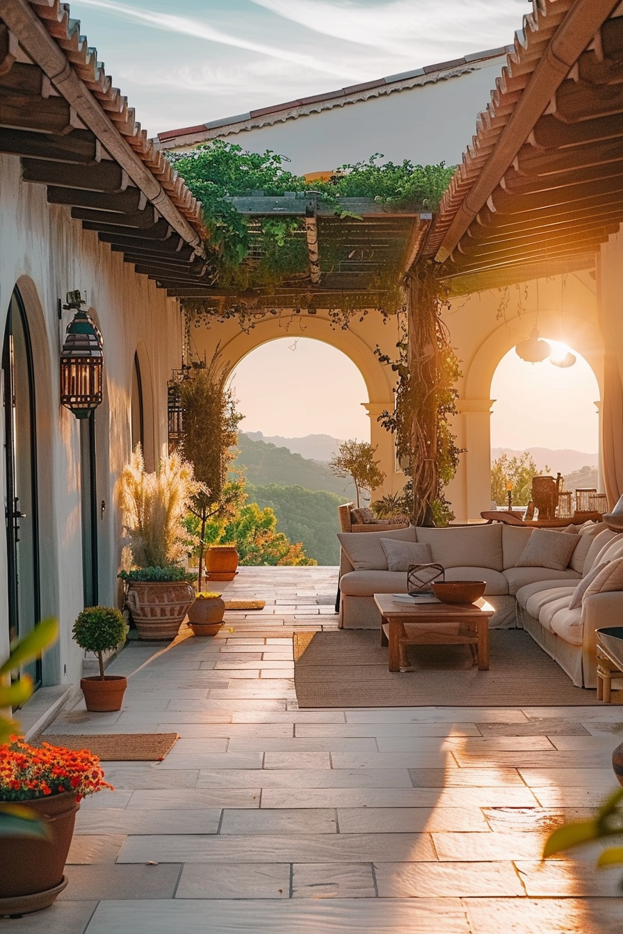 Sunset view from a cozy terrace with arches, plants, and comfortable seating overlooking a lush landscape.