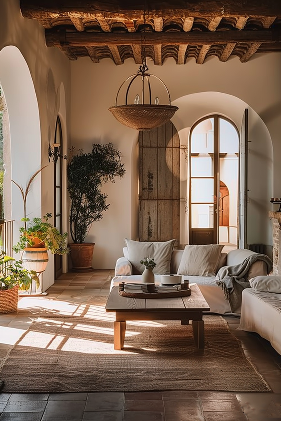 A cozy sunlit living room with archways, a wicker chandelier, a sofa, a coffee table, plants, and a terracotta floor.