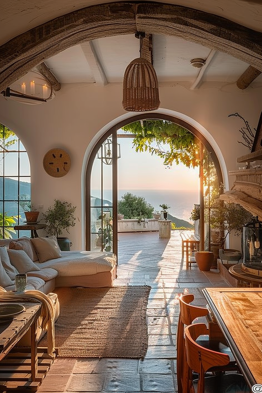 Cozy interior with a rustic touch, opening to a terrace overlooking a serene sunset, with greenery framing the archway.