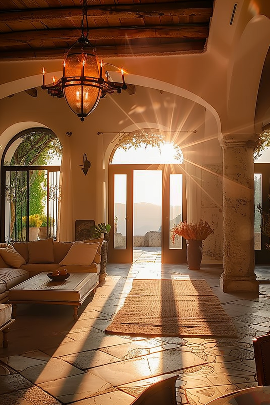 Sunlight streaming through open doors into an elegant room with a chandelier, columns, and stylish furniture, casting long shadows on the floor.