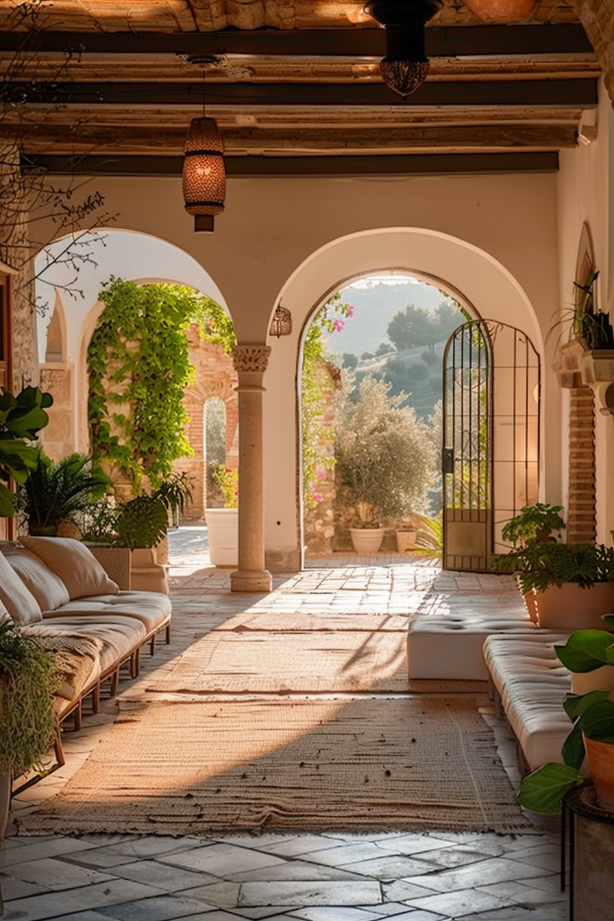 Sunlit arched corridor with plants and sitting areas, opening to a garden view.