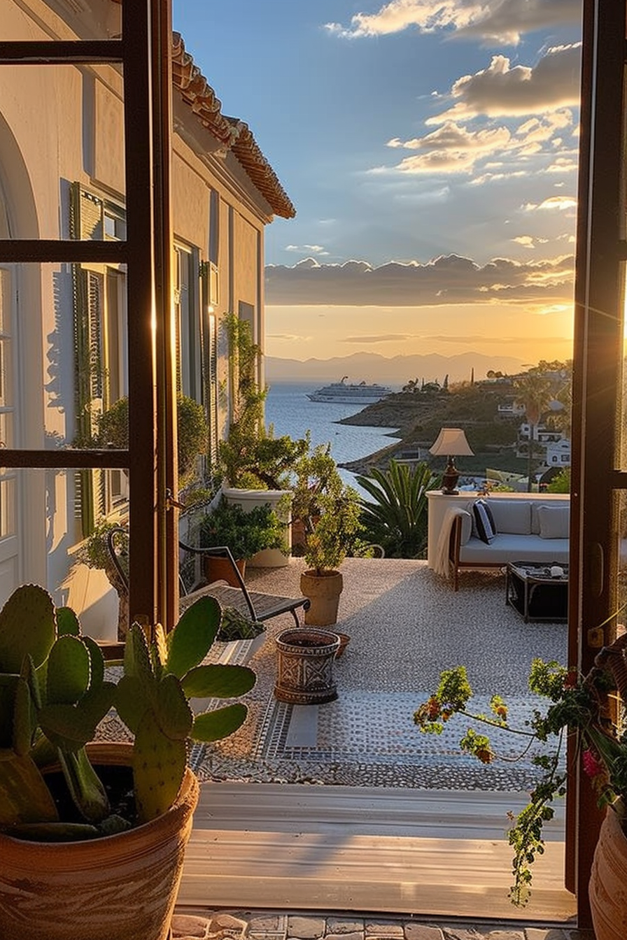 Sunset view from a coastal balcony with potted plants, overlooking the sea and mountains with a cruise ship in the distance.