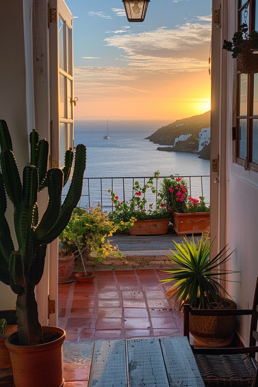 "View from an open doorway showing potted plants on a tiled terrace with a sunset over the sea and a sailboat in the distance."