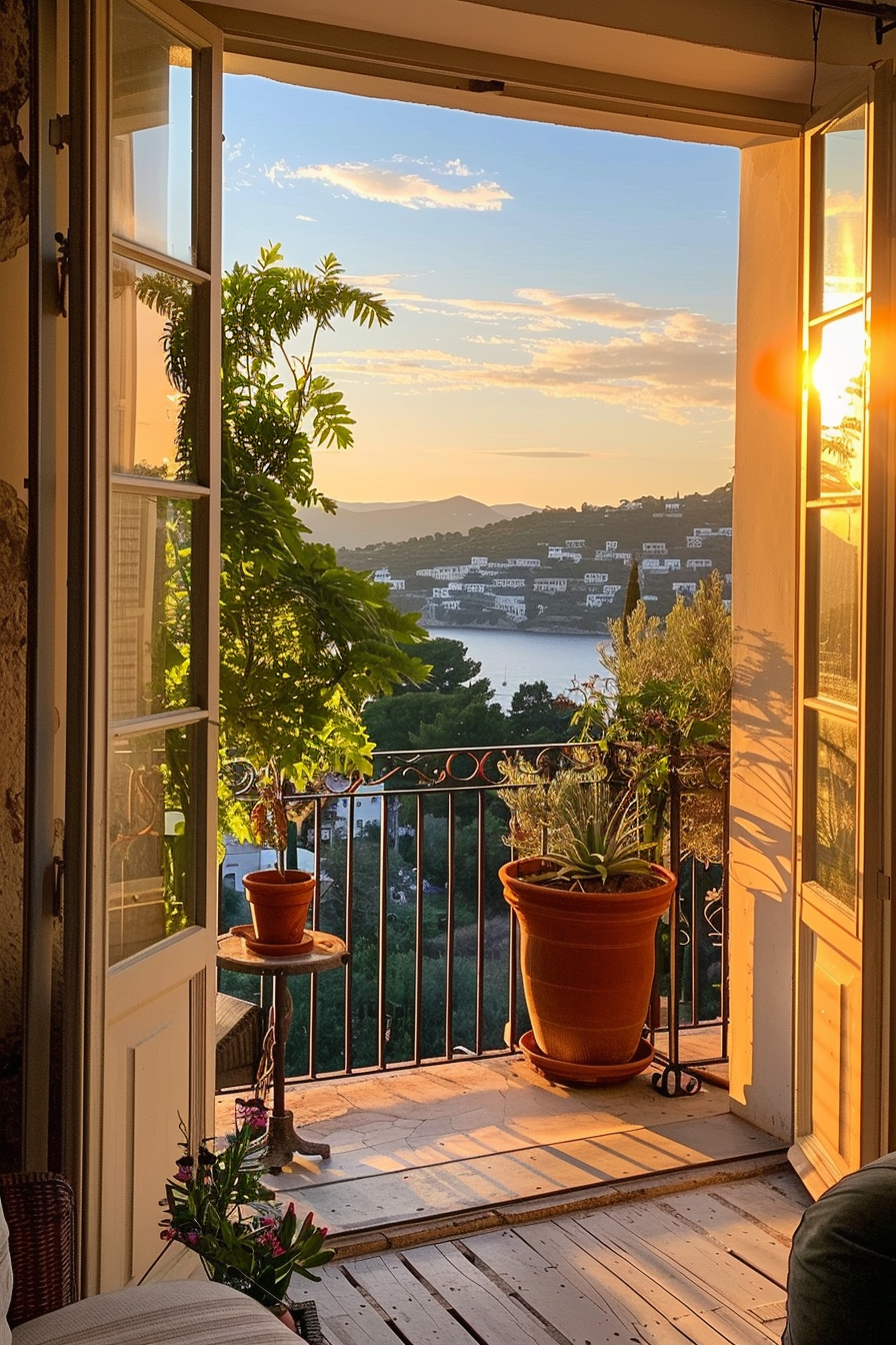 Sunset view from a balcony with open doors, overlooking a coastal town and hills, with potted plants in the foreground.