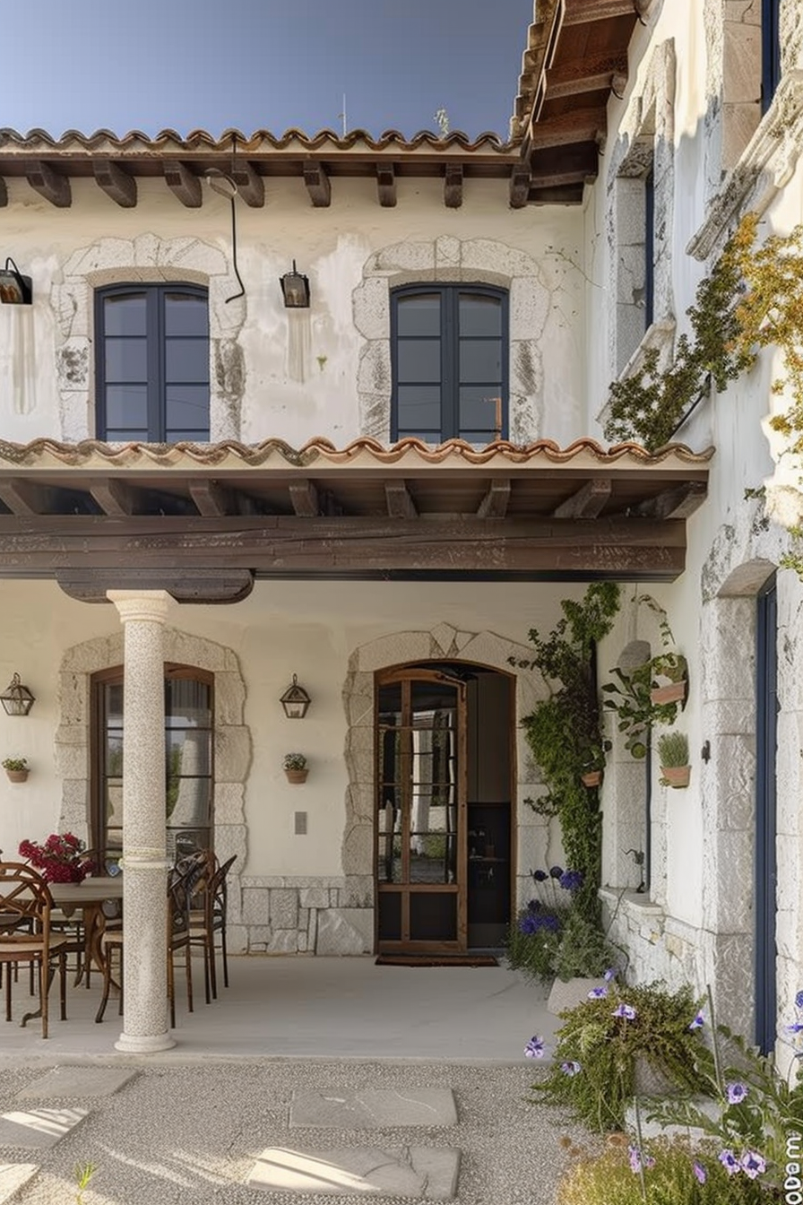Charming entrance of a rustic house with stone details, flanked by columns and adorned with hanging plants and flowers.