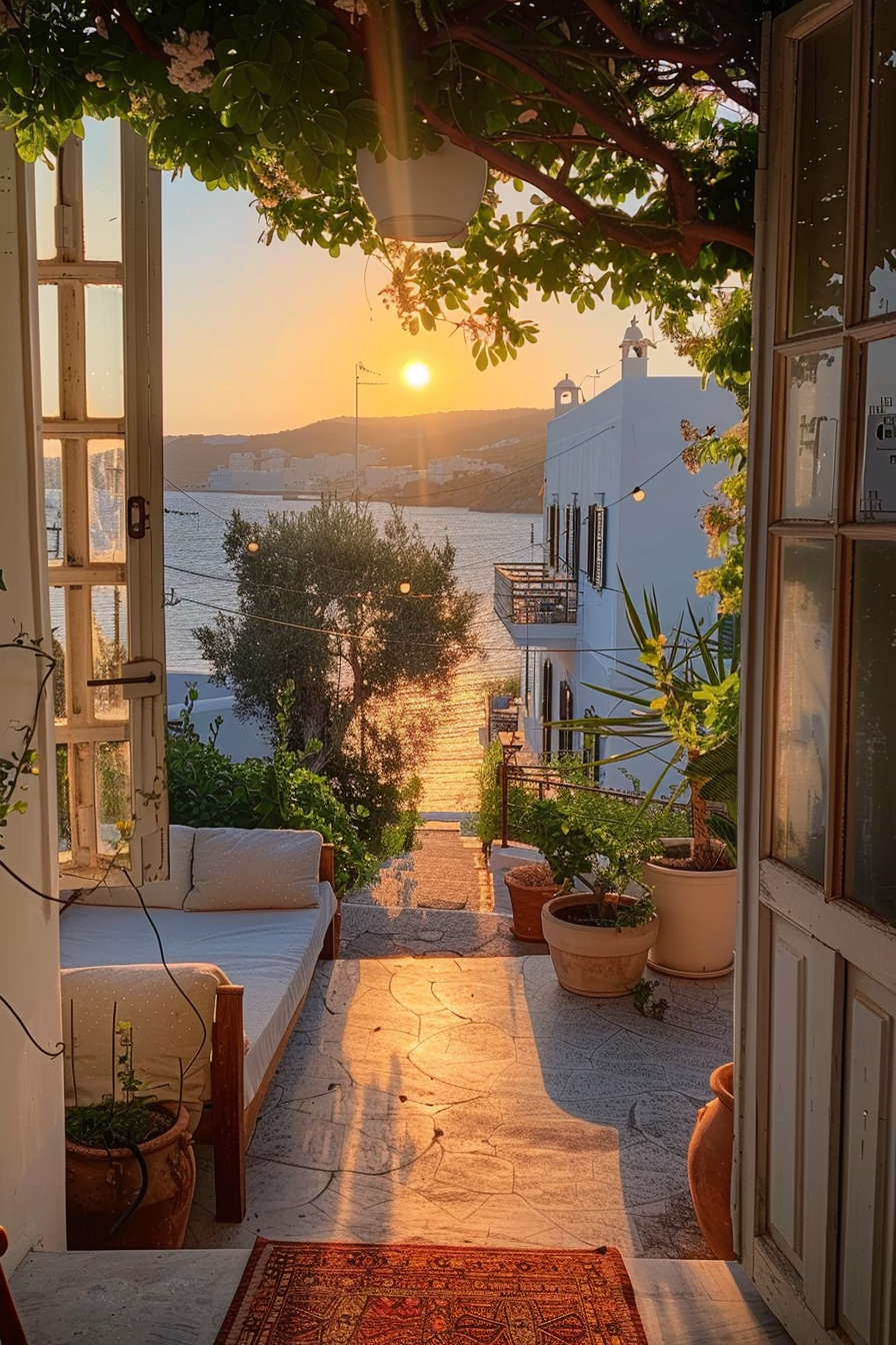 Sunset view through an open door, overlooking a serene sea from a cozy Mediterranean style home with plants and a patterned rug.