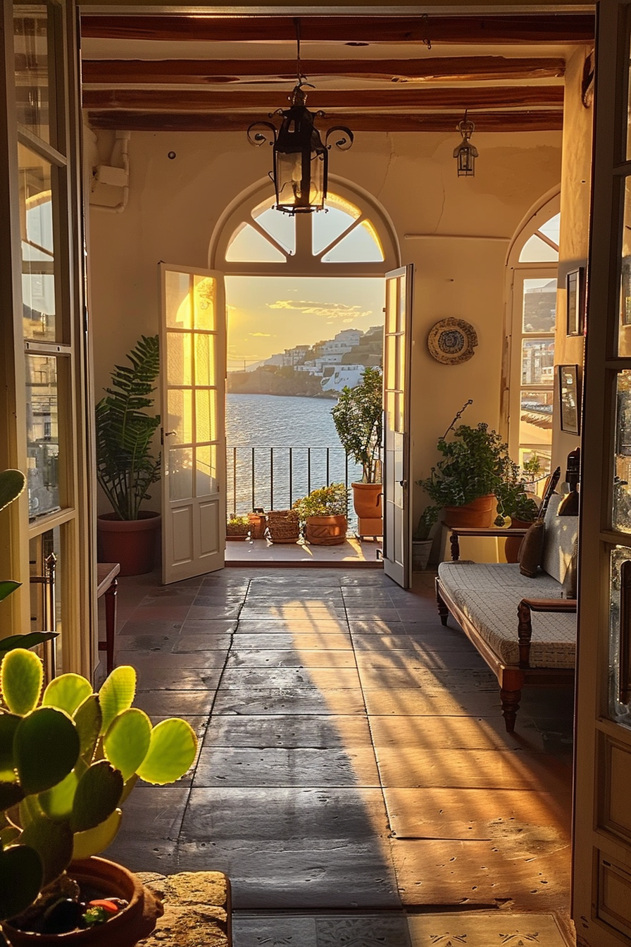 Sunset view from a cozy room with arched doorway, leading to a balcony overlooking the sea and coastal buildings.