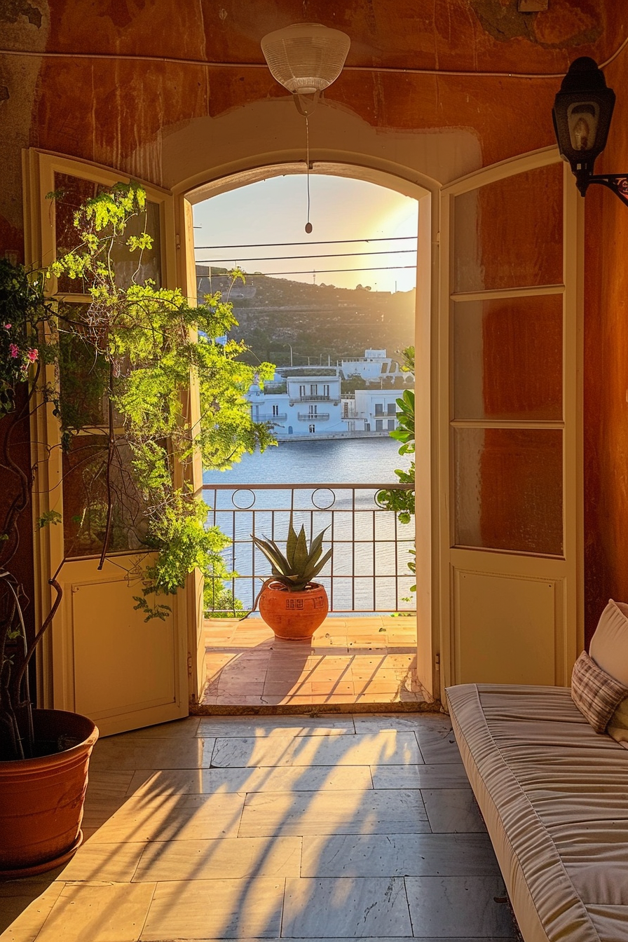 Open terrace door with a view of a serene sunset over the water, flanked by potted plants and a bench.