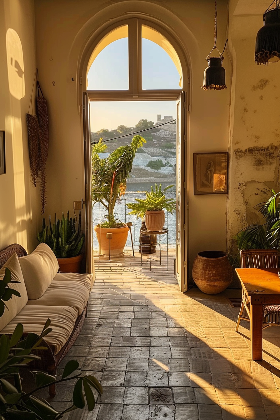 Sunlit room with an arched door leading to a balcony, potted plants inside and outside, and rustic decor during golden hour.