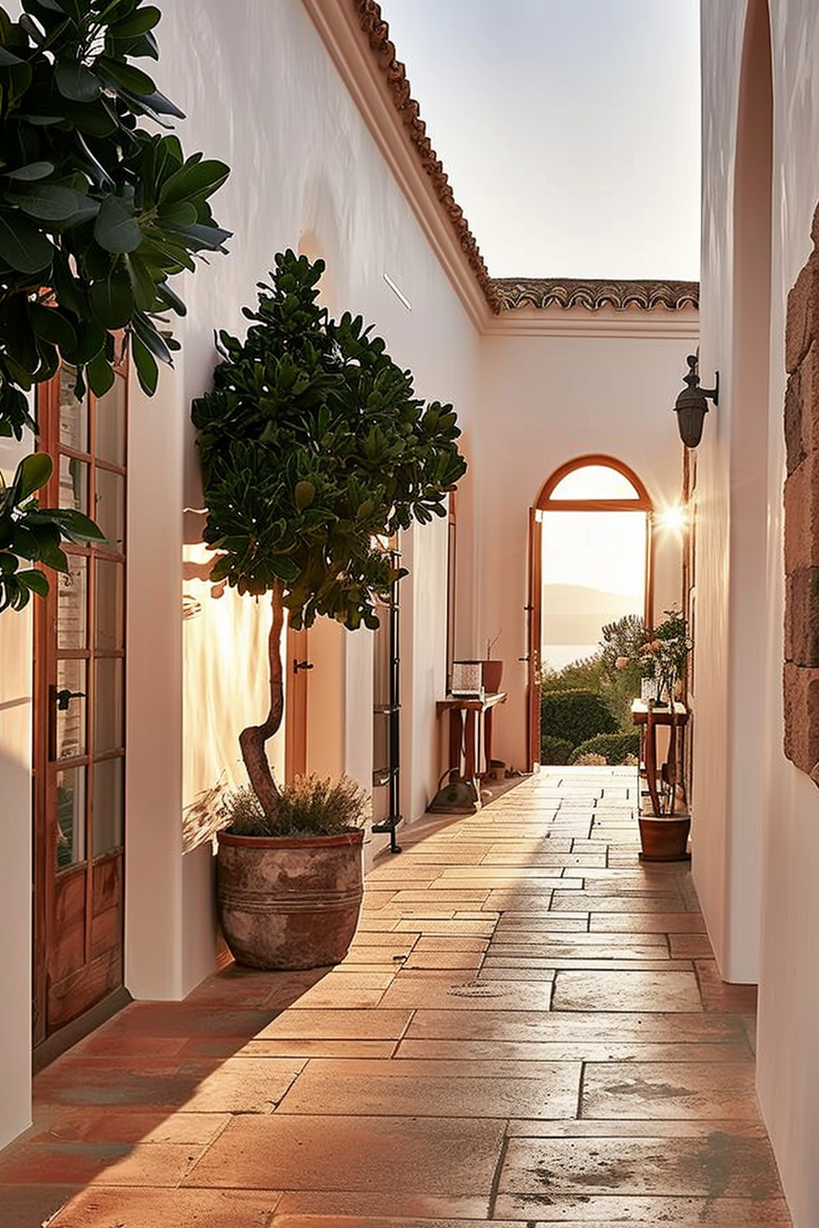 ALT: A sunset view along a serene outdoor corridor with archways, potted plants, and tiled flooring, evoking a peaceful Mediterranean atmosphere.