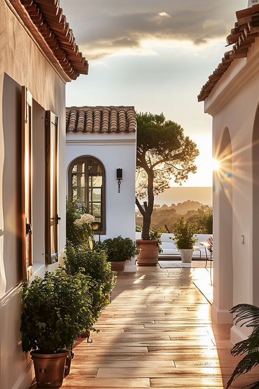 Sunset view along a Mediterranean-style balcony with terracotta pots and a pine tree silhouette in the background.
