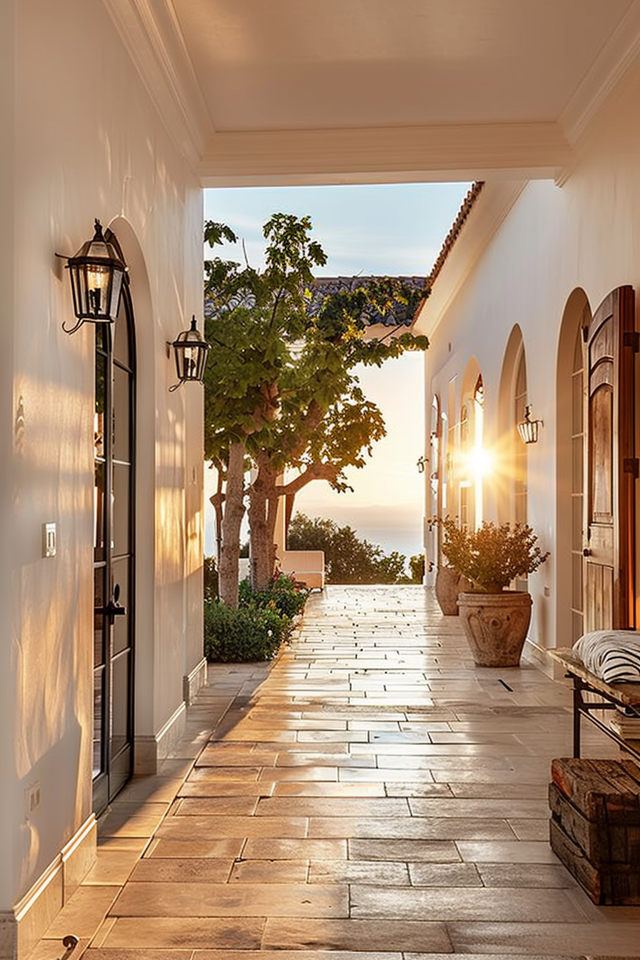 Sunset view through a Mediterranean-style corridor with arched doorways, lanterns, potted plants, and a glimpse of the sea.