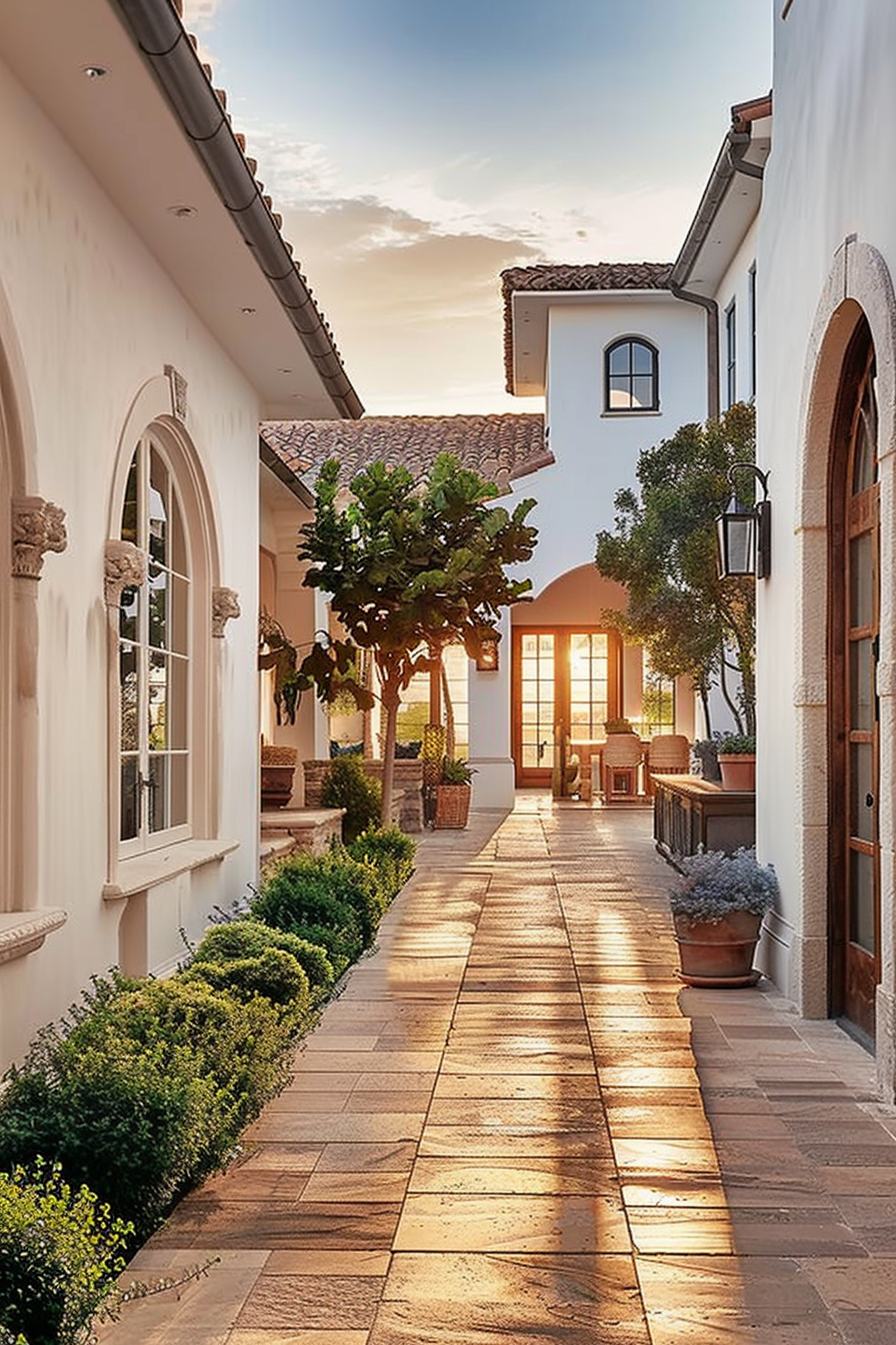 Sunset light casts a warm glow over a Mediterranean style corridor with archways and potted plants.