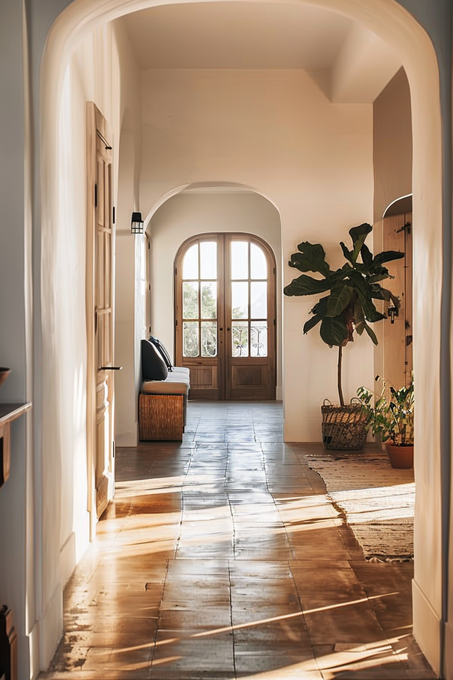 Bright sunlight streaming onto a tiled hallway with arched doorways, plants, a chair, and a woven rug, giving a warm, serene ambiance.