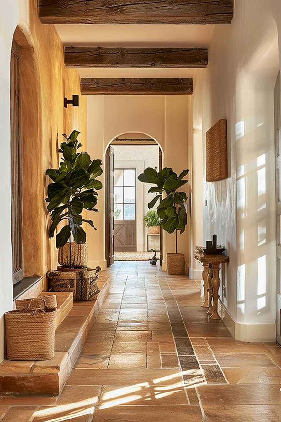 A sunlit hallway with terracotta floor tiles, wooden beams, potted plants, and woven baskets leading to an arched doorway.