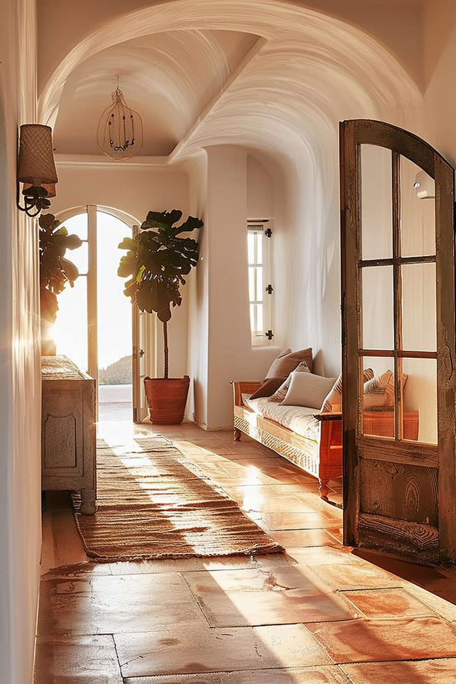 Sunlit Mediterranean interior with arched ceilings, terracotta pots, and open doorway revealing a view of the sea.
