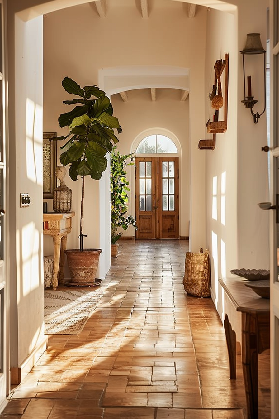 Sunlit hallway with terracotta tiles, archways, a large leafy plant, and rustic wooden furniture.