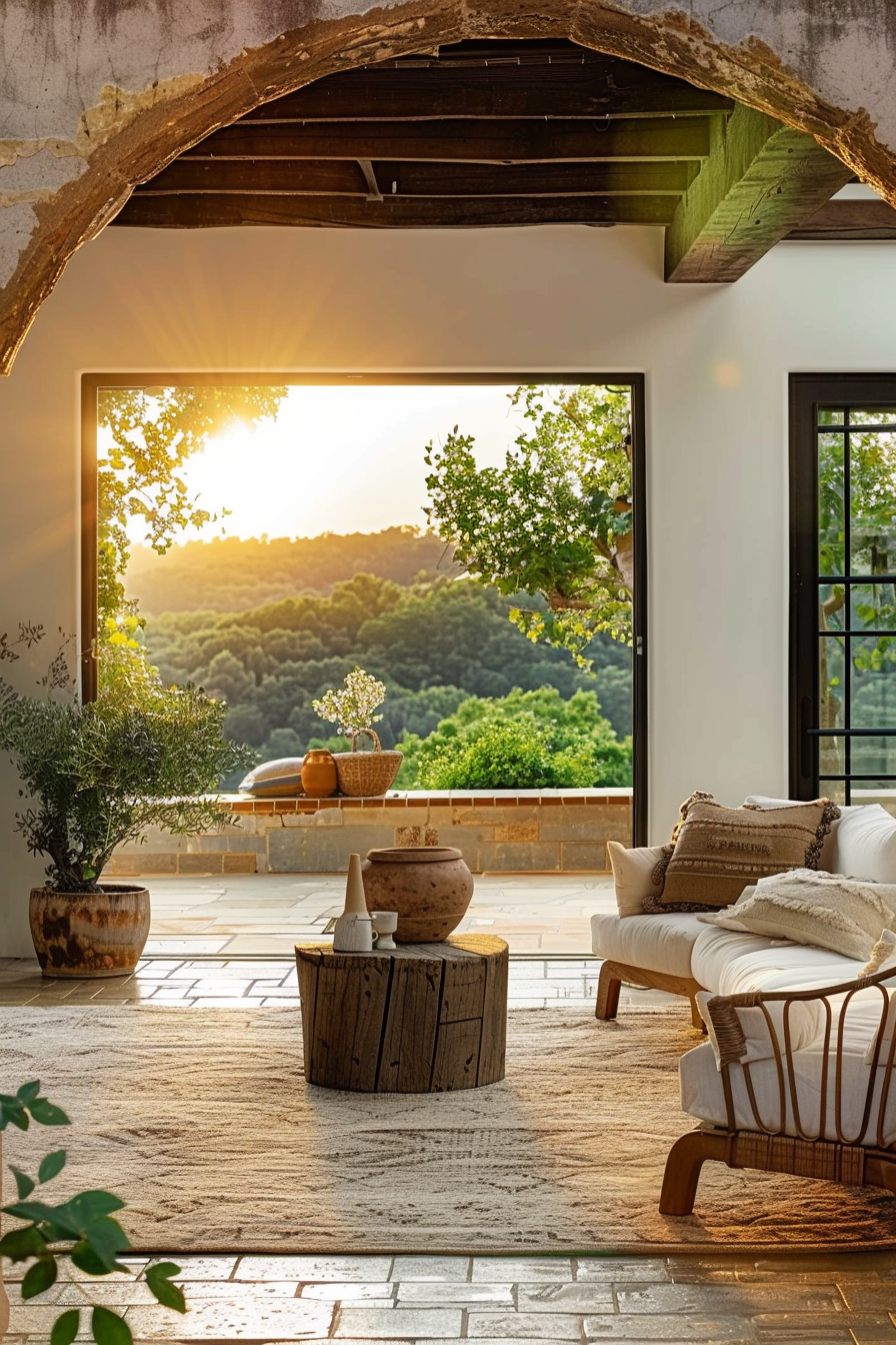 Cozy interior with rustic decor, large window framing a sunset view over a lush landscape, inviting a sense of tranquility.