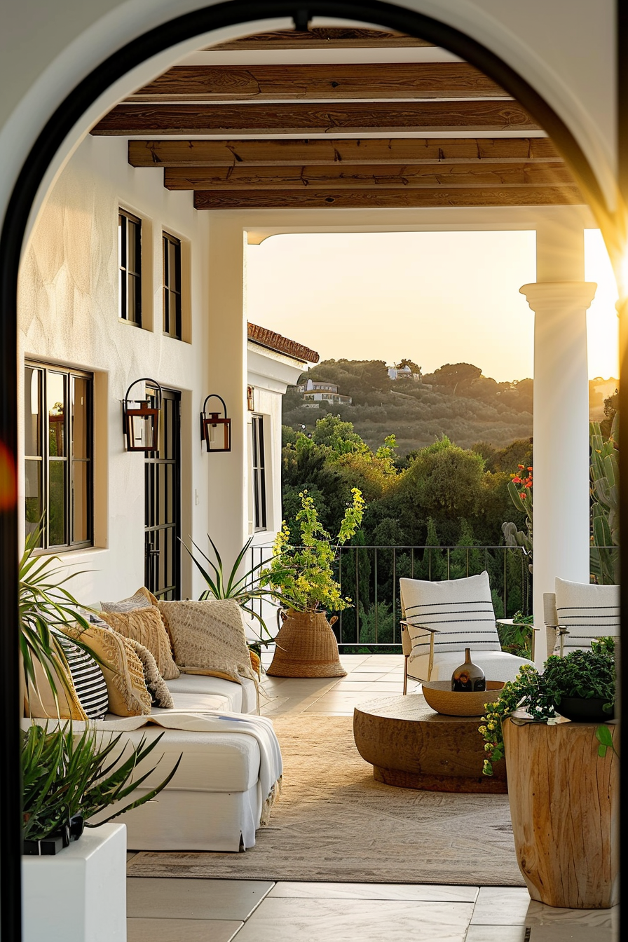 Elegant patio at sunset with comfortable seating, potted plants, and a scenic view of a lush landscape.