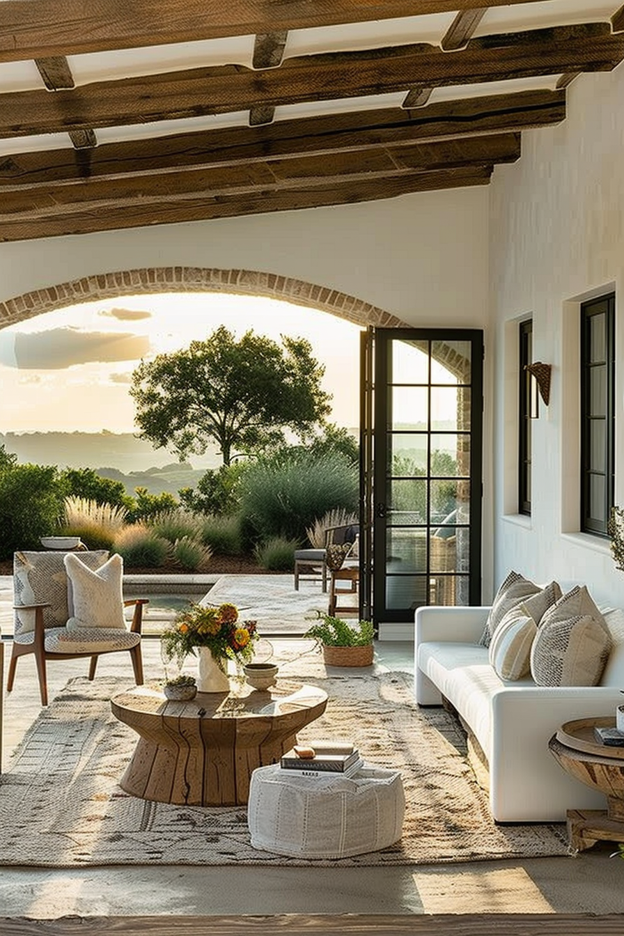 Rustic chic living room with open archway leading to a terrace, wooden beams, and a view of rolling hills during sunset.