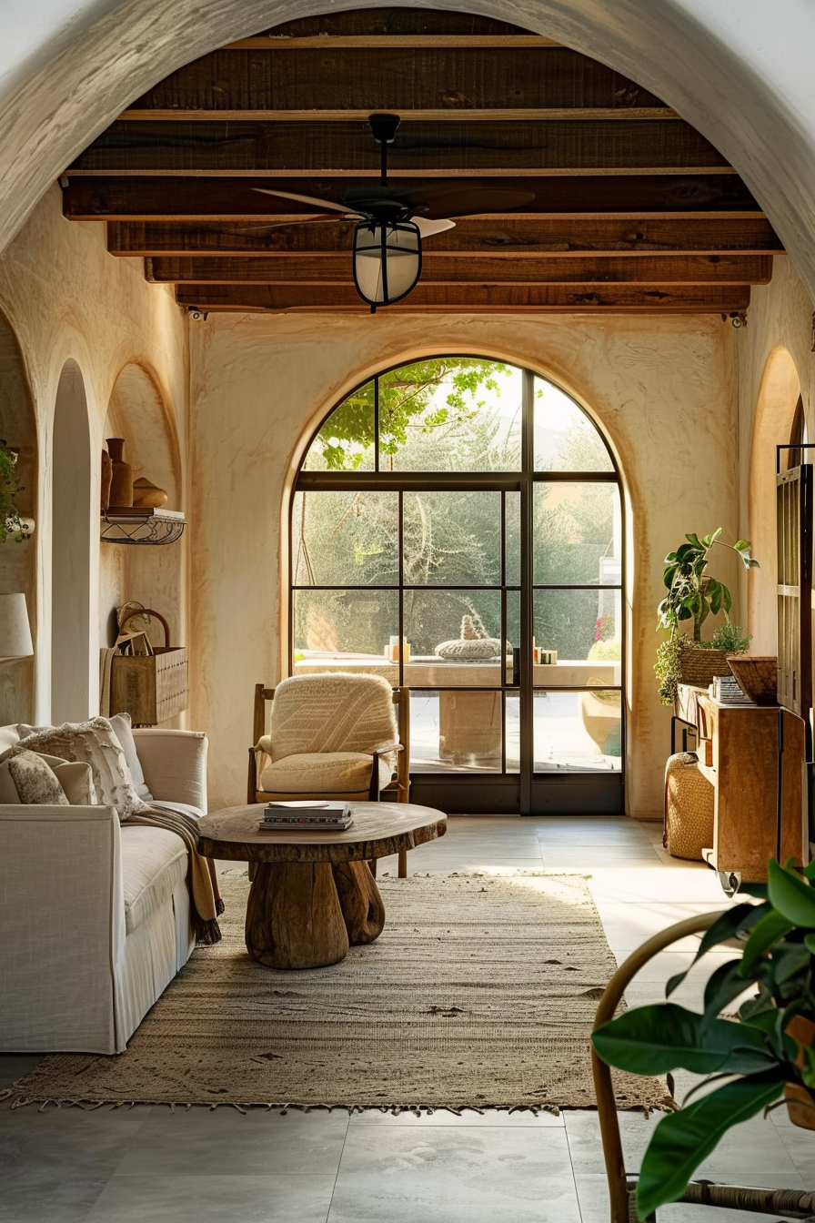 ALT text: Cozy interior with arched doorways, wooden furnishings, a ceiling fan, and natural lighting filtering through large windows.