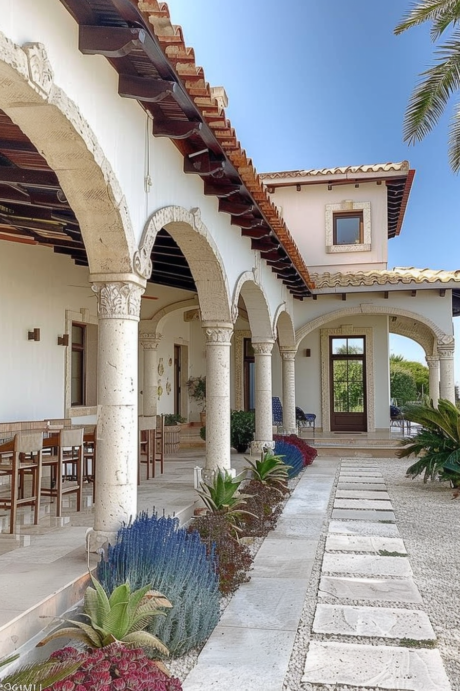 Elegant house with decorative arches, Spanish-tiled roof, plant-lined pathway, and outdoor seating area.