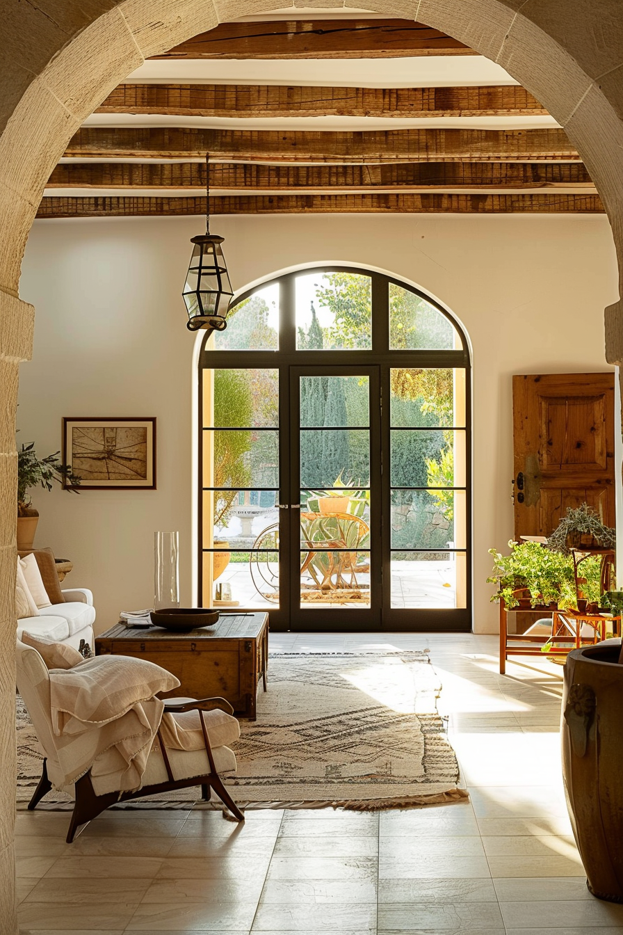 Arched doorway leading to a sunny garden, with a cozy interior featuring a wooden ceiling, vintage furniture, plants, and a hanging lantern.