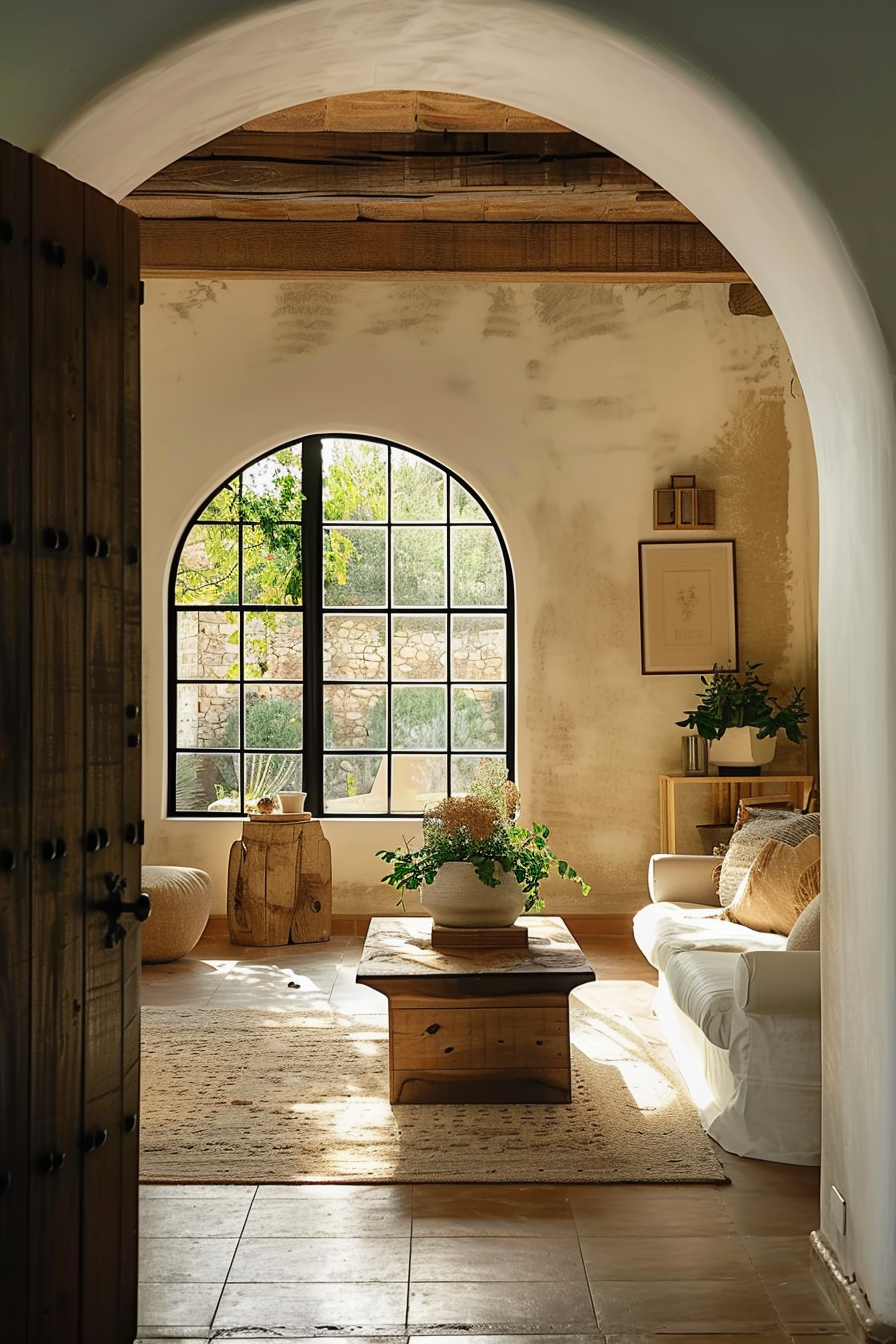 ALT Text: "Cozy living room with arched window illuminating neutral-toned furniture and potted plants, creating a serene and inviting atmosphere."