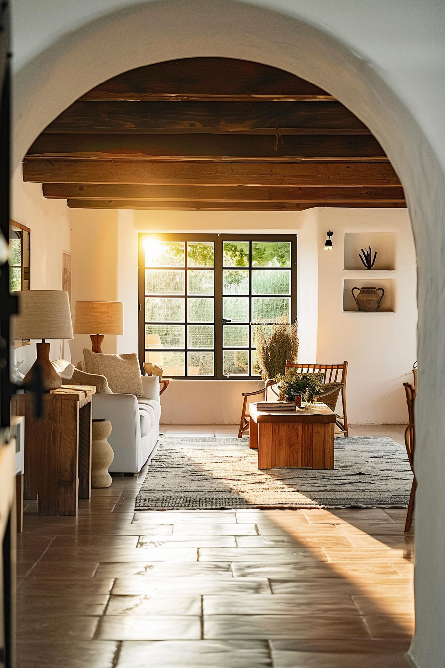 Sunlight filters through the windows of a cozy, rustic living room with wooden furnishings and comfy sofas.