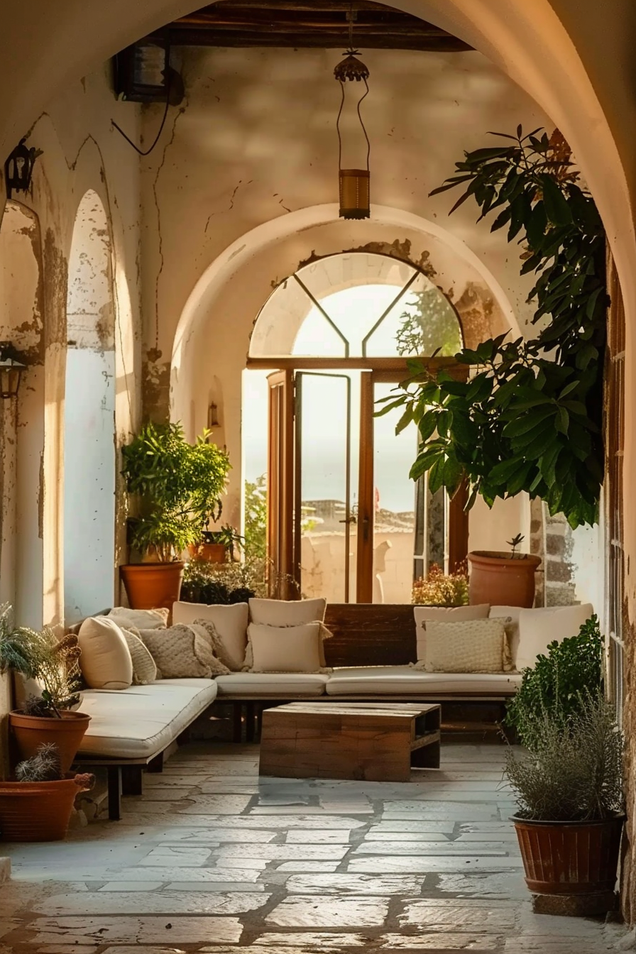 Cozy arched porch with comfy sofas, plants, and a view of the outdoors through an open door, bathed in warm sunlight.