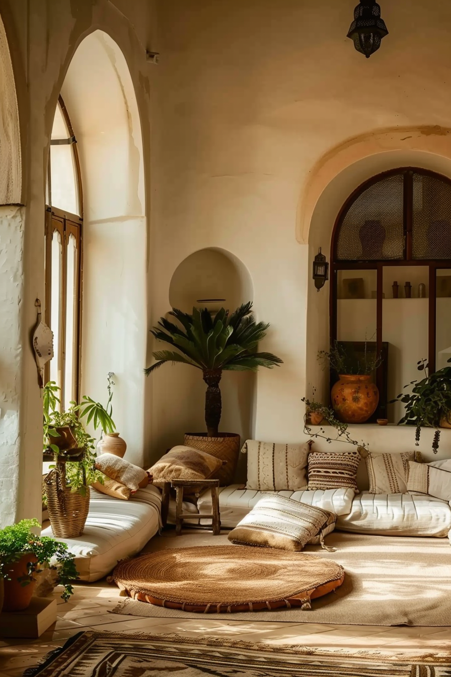A cozy Mediterranean-style corner with a cushioned bench, woven round floor mat, plants, and Moroccan lanterns casting warm light.