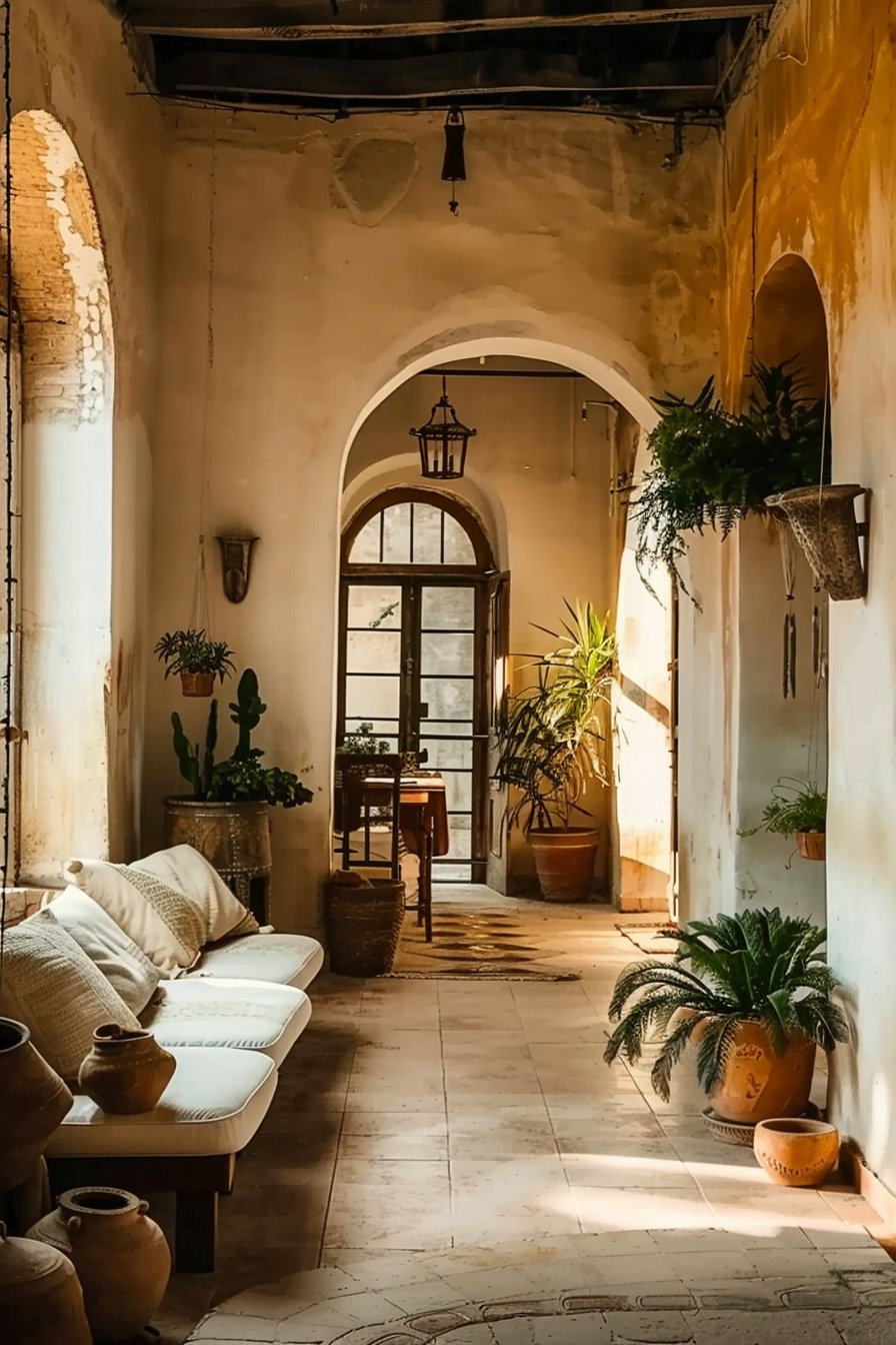 Rustic corridor with archways, lanterns, potted plants, and a cozy sofa, bathed in warm sunlight.
