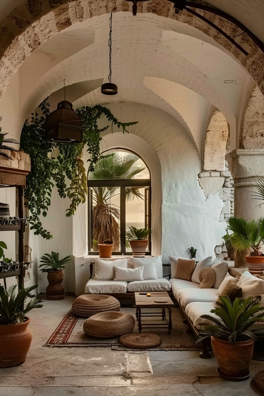 ALT: A cozy bohemian-style living room with arched white walls, indoor plants, woven poufs, and a large window letting in natural light.