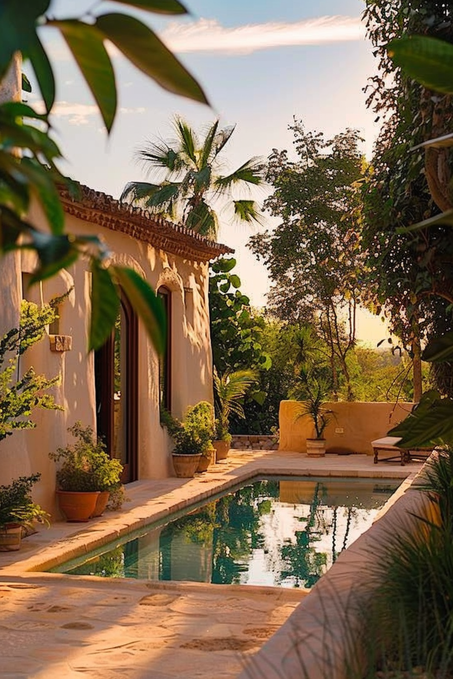 A serene poolside at twilight with plush greenery and a traditional architecture building, evoking a tranquil and luxurious atmosphere.