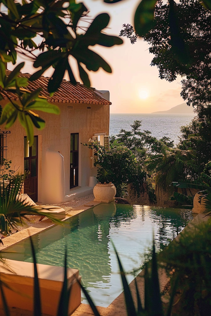 Sunset view of a serene poolside by a coastal villa, with lush greenery framing the scene and the ocean in the background.