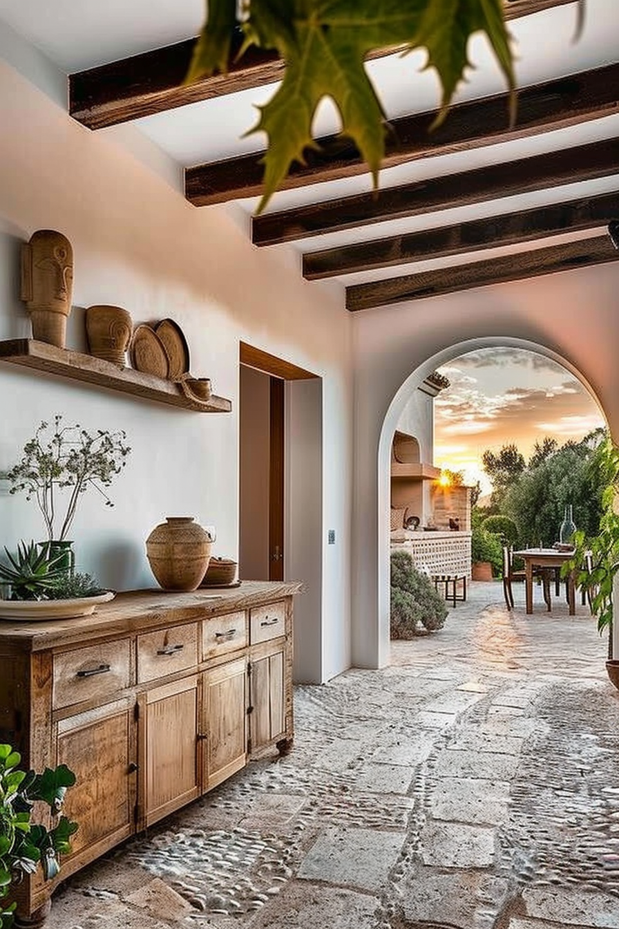 Rustic interior hallway with wooden furniture and decor, leading to an arched exit with a sunset view.