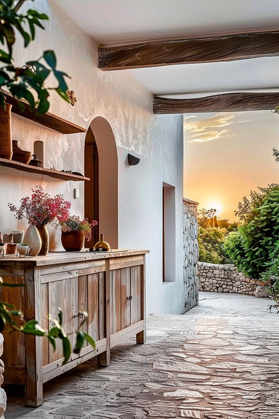 Rustic outdoor patio with a wooden cabinet, pottery, plants, and a view of a sunset sky beyond stone walls.
