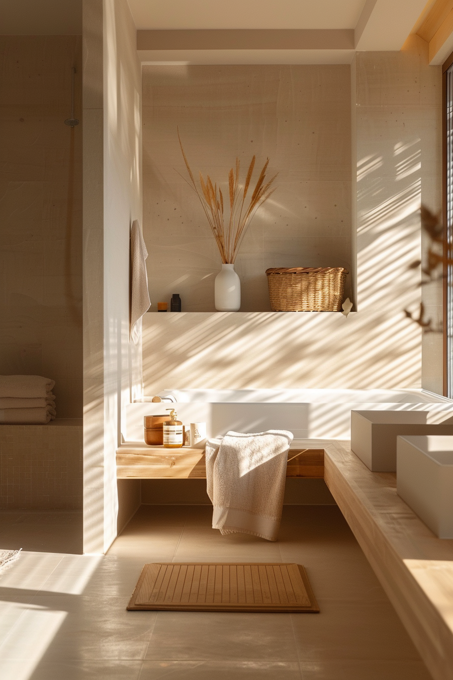 A modern bathroom with natural light casting shadows over a wooden vanity, a countertop basin, and decorative dried plants.